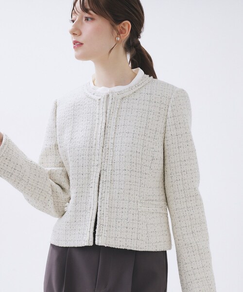 希少 UNDRY ツイード ノーカラーロングジャケット L セレモニー ゆったり Re:EDIT（リエディ） ジャケット ノーカラージャケット 「入卒式