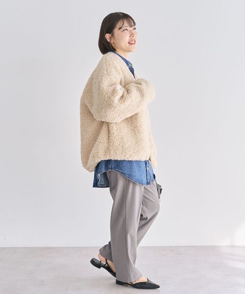 Green Parks ブークレーVネックミディ丈カーディガン F ベージュ グリーン パークス Green Parks ブークレーVネックミディ丈