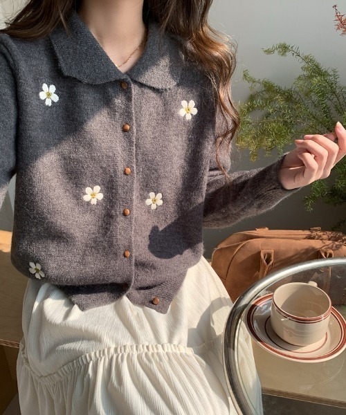 カーディガン フラワー刺繍襟付きニットカーディガン レディース