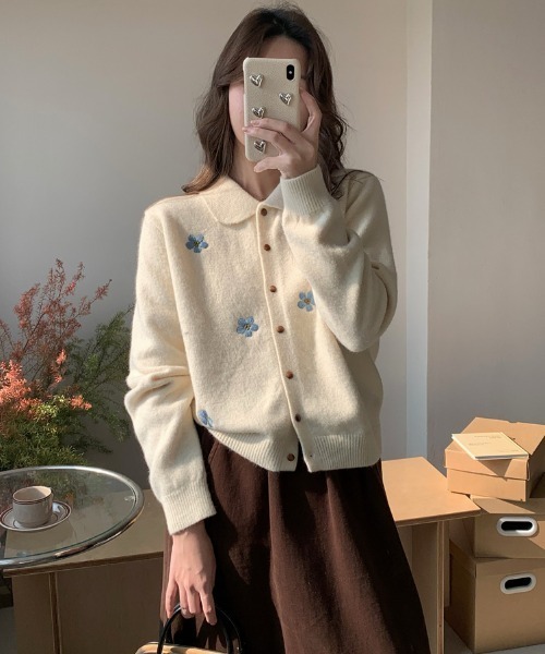 カーディガン フラワー刺繍襟付きニットカーディガン レディース