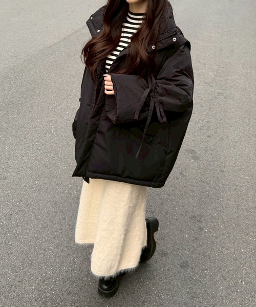 ダウンコート ダウンジャケット 2WAYリボンスリーブ中綿ジャケット