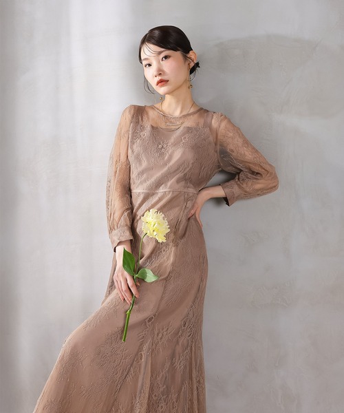 【新品】結婚式 お呼ばれ 成人式 ドレス 刺繍 切り替え フレアレース Kana ドレス 刺繍レース バックデザイン 総レース フレアワンピース
