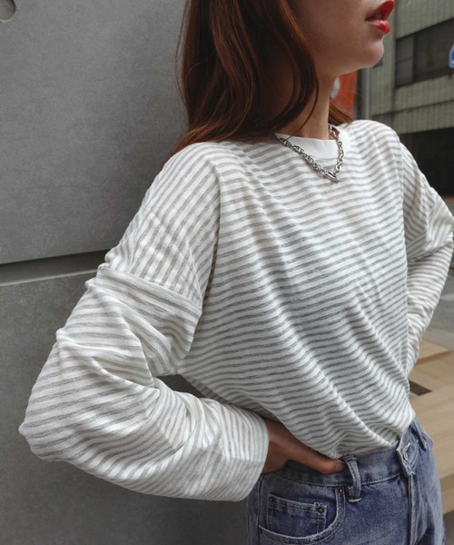 tシャツ ショルダーニットボーダーシアープルオーバー レディース トキドキ tシャツ ショルダーニットボーダーシアープルオーバー