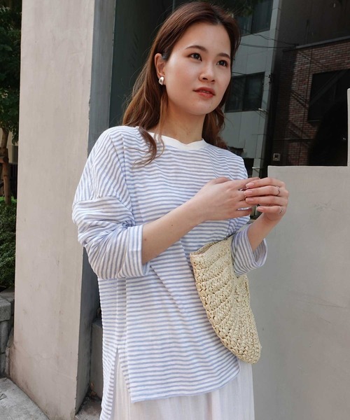 tシャツ ショルダーニットボーダーシアープルオーバー レディース BONLECILL tシャツ 半袖シアーマルチボーダープルオーバー