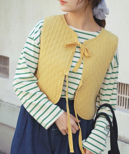 新品 genten キルトベスト 刺繍 キルティングベスト ジレ 38 SE MARKET （マーケット）配色刺繍キルティングベスト