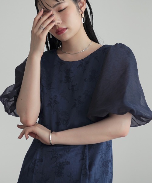 美品Callarus オーガンジーパフスリーブデザイン刺繍ワンピースドレスXL Callarus パーティードレス ドレス オーガンジーパフスリーブデザイン
