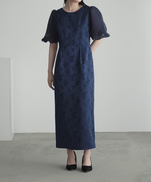 Callarus ドレス オーガンジーパフスリーブデザインカットジャガード