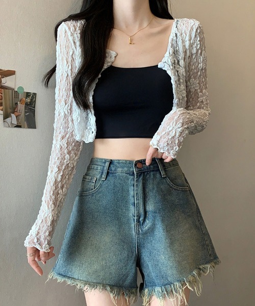 新品未使用タグつき♡BUNNYモコフード付きカーディガン、ショートパンツセット フラワー釦ショート丈ニットカーディガン×チュールフレア