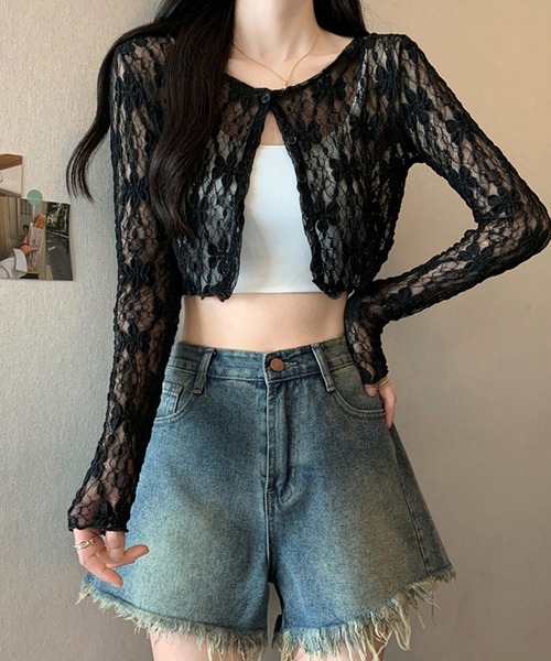 shopnikoniko カーディガン フラワーレース ショート丈