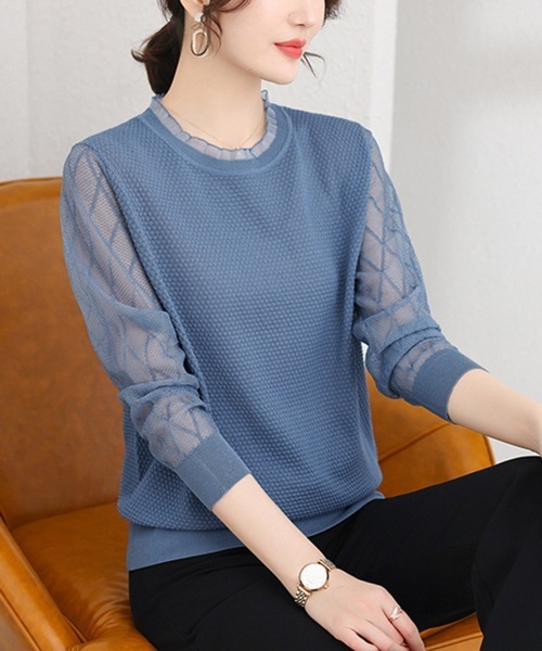 シースルー袖ニット 異素材ニットトップス miniministore ニット セーター シースルー袖ニット 異素材