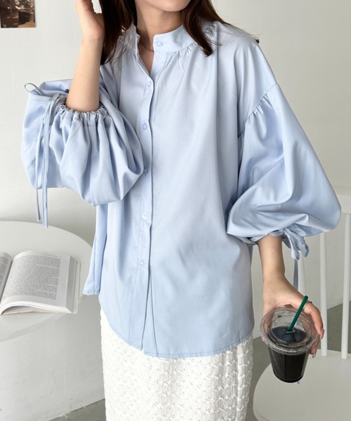 CLEA ブラウス シャツ スタンドカラーボリュームスリーブブラウス