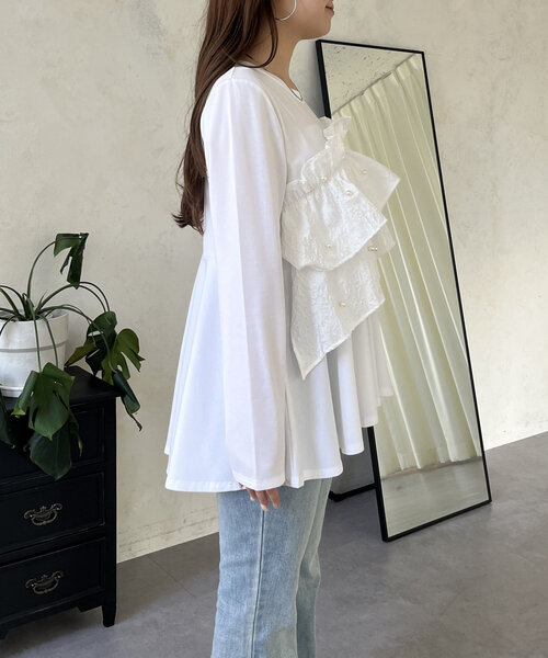 prose verse tシャツ パールフリルギャザーペプラムロンT