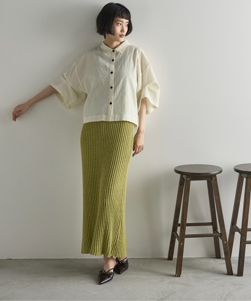 THE Yon ブラウス シャツ タックハーフスリーブシアサッカークロップド