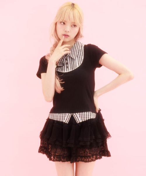 tシャツ ドッキングギンガムトップス レディース