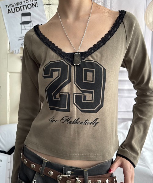 tシャツ 「ViVi掲載」ナンバーロゴ深Vネックレース付きトップス レディース | SHAGGIE | 04