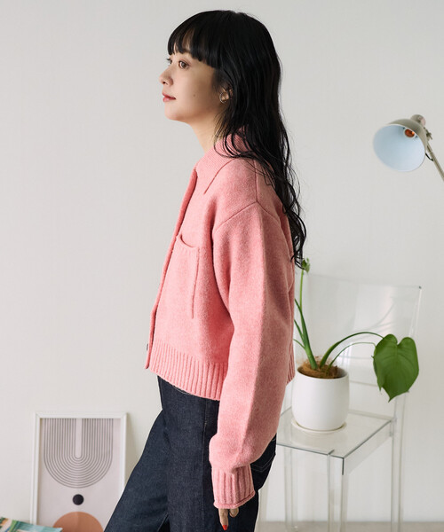 新品SLOANE 襟付 ポロニット リブニット カーディガン ピンクM 春服 FREAK'S STORE（フリークスストア） カーディガン 襟付き ポケット