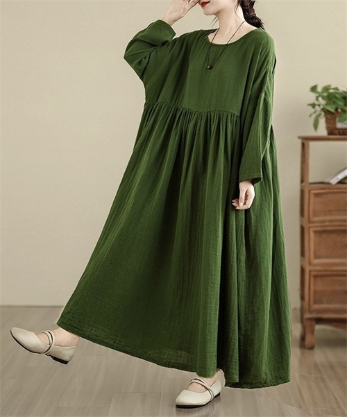 45R ロングワンピース ドレス カットソー コットン 綿 日本製 カーキ 0 Dream garden（ドリームガーデン） ワンピース 綿100％ゆったりサイズ