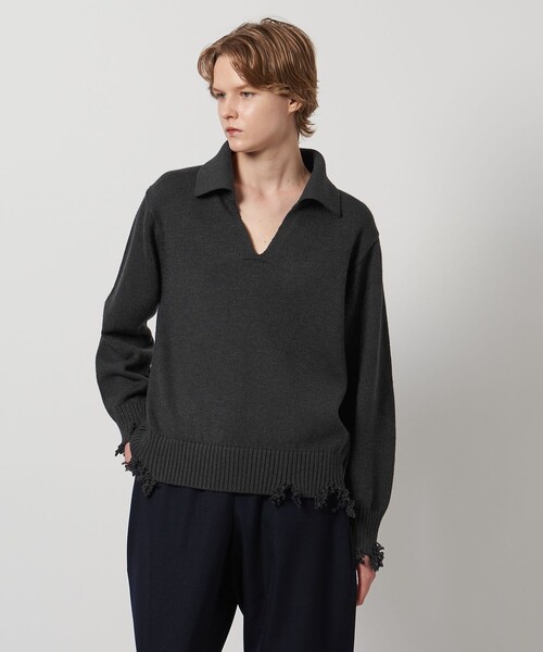 現行 LOEFF 5ゲージダメージニット レディース 0 ブラック ロエフ 黒 LOEFF（ロエフ） ニット セーター 「LOEFF」ダメージ スキッパー