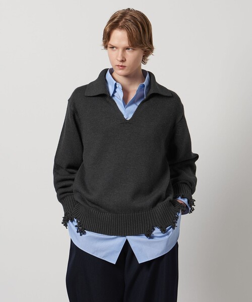 ロエフLOEFFダメージ スキッパー ニット新品ドゥロワー定価39600円 LOEFF（ロエフ） ニット セーター 「LOEFF」ダメージ スキッパー