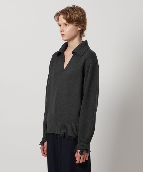 ロエフLOEFFダメージ スキッパー ニット新品ドゥロワー定価39600円 LOEFF（ロエフ） ニット セーター 「LOEFF」ダメージ スキッパー