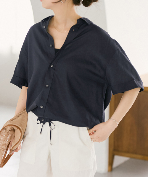 スピック&amp;スパン コットンリネンハーフスリーブシャツ ブラウス 五分袖 紺 Spick & Span - Spick & Span (スピックアンドスパン) コットンリネン