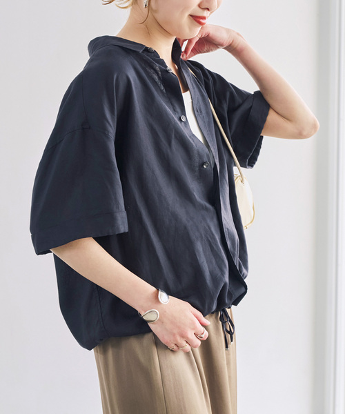 スピック&amp;スパン コットンリネンハーフスリーブシャツ ブラウス 五分袖 紺 Spick & Span - Spick & Span (スピックアンドスパン) コットンリネン