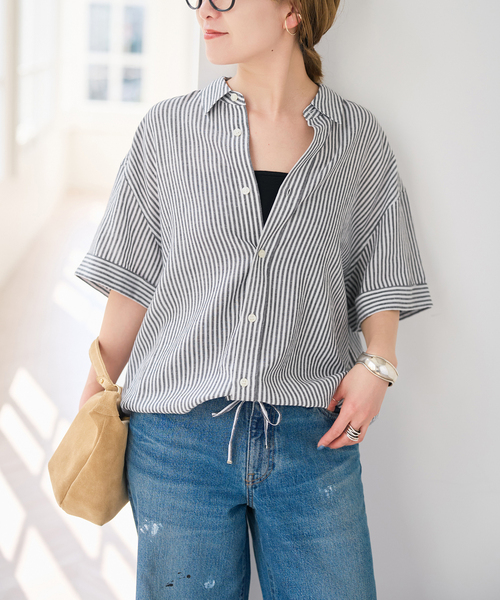 スピック&amp;スパン コットンリネンハーフスリーブシャツ ブラウス 五分袖 紺 Spick & Span - Spick & Span (スピックアンドスパン) コットンリネン