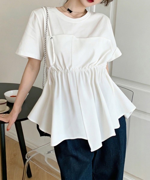 極美品♪R 23区 半袖ペプラムブラウス 48 大きいサイズ 白 洗える 日本製 miniministore（ミニミニストア） ブラウス シャツ 半袖 ドッキング