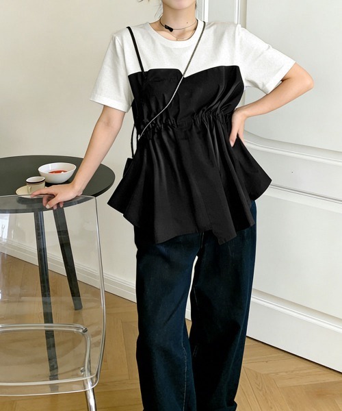 美品♡ ヘイブ 半袖 春夏 クロスラッフルトップ カットソー ブラウス 黒 miniministore（ミニミニストア） ブラウス シャツ 半袖 ドッキング