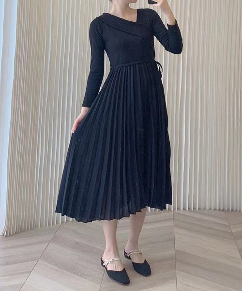 楽天カード分割 ワンピース Leja ウエストリボンプリーツニットワンピース ワンピース カラー ブラック Benjamin Franklin Ro