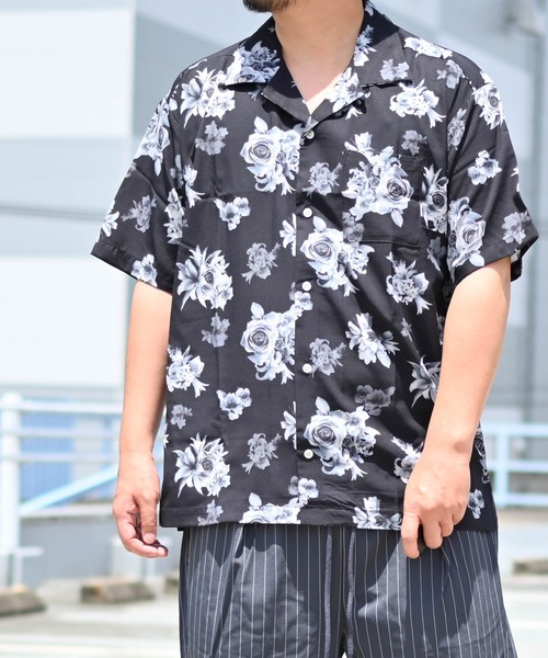 アロハシャツ シャツ 半袖 ポリ総柄 オープンカラーシャツSS
