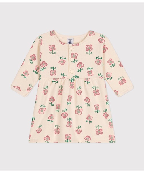 【新品】プチバトー　スウェット長袖ワンピース　5ans スウェットフラワープリント長袖ワンピース｜ベビー服・子供服