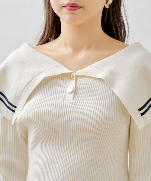ニット/セーター Big Collar Ribbed Knit Top Chico（チコ） ニット セーター ビックカラーリブニット レディース