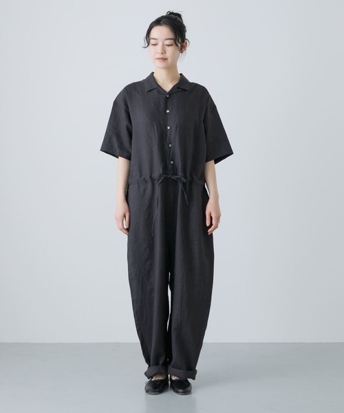 かぐれ パンツ リネンハーフスリーブオールインワン レディース