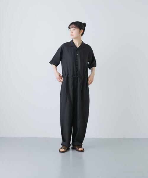 かぐれ パンツ リネンハーフスリーブオールインワン レディース
