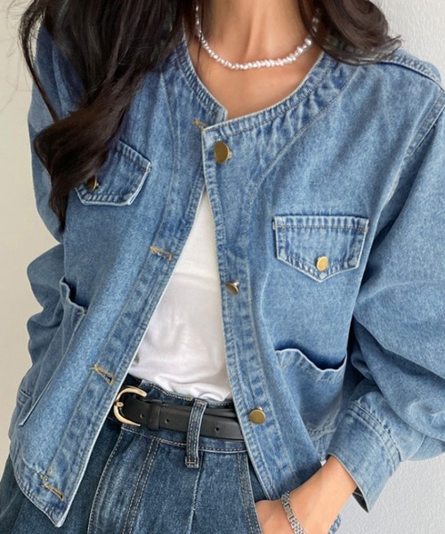 未使用級 希少 NEMIKA ノーカラー デニムジャケット レディース 人気 デニムジャケット gジャン ノーカラーデニムジャケット