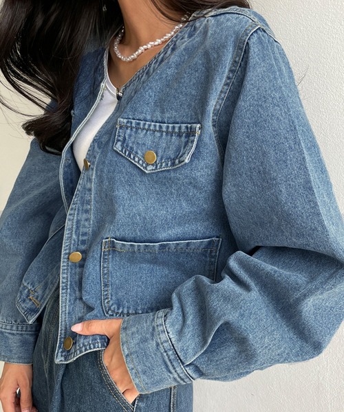 デニムジャケット gジャン ノーカラーデニムジャケット