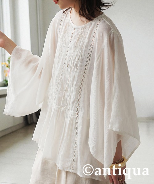 ブラウス シャツ スモッキングシアーブラウス レディース antiqua ブラウス シャツ シアースモッキングブラウス