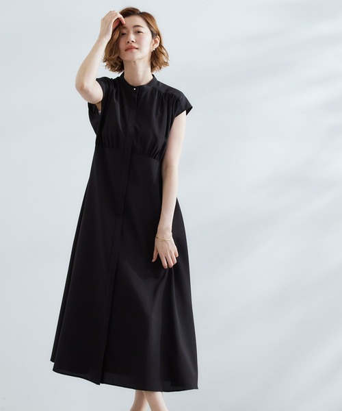 黒いゴルフワンピース ウエストゴム付き grove（グローブ） ワンピース ウエスト高見えでスタイルアップ 上品