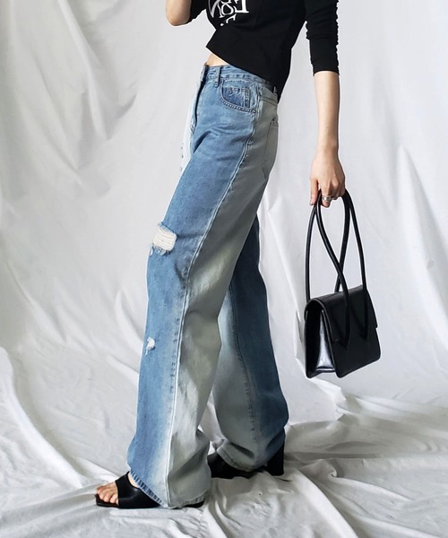 [me+em select] повреждение обработка Denim брюки LARGE голубой женский 
