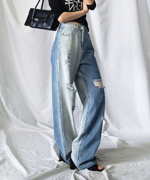 [me+em select] повреждение обработка Denim брюки LARGE голубой женский 