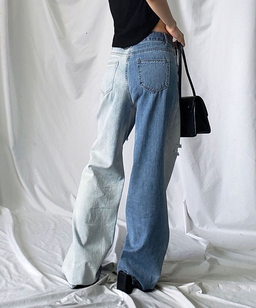 [me+em select] повреждение обработка Denim брюки LARGE голубой женский 