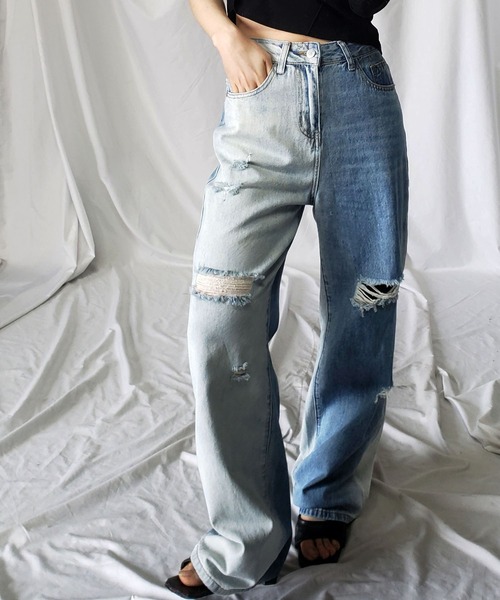 [me+em select] повреждение обработка Denim брюки LARGE голубой женский 