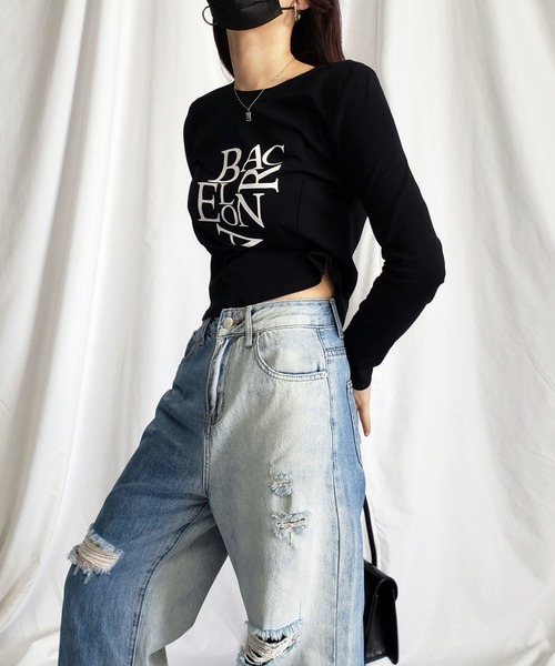 [me+em select] повреждение обработка Denim брюки LARGE голубой женский 