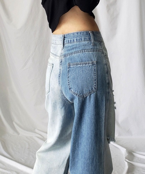 [me+em select] повреждение обработка Denim брюки LARGE голубой женский 