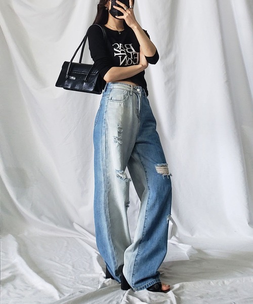 [me+em select] повреждение обработка Denim брюки LARGE голубой женский 
