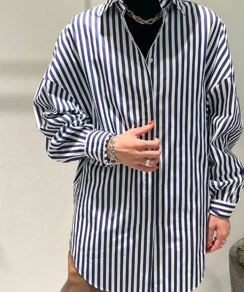 美品 24SS allureville アルアバイル ストライプ柄 アシンメトリー フリル ブラウス シャツ サイズ2 ブルー レディース 古着 中古 USED allureville - 美品 24SS allureville アルアバイル ストライプ柄