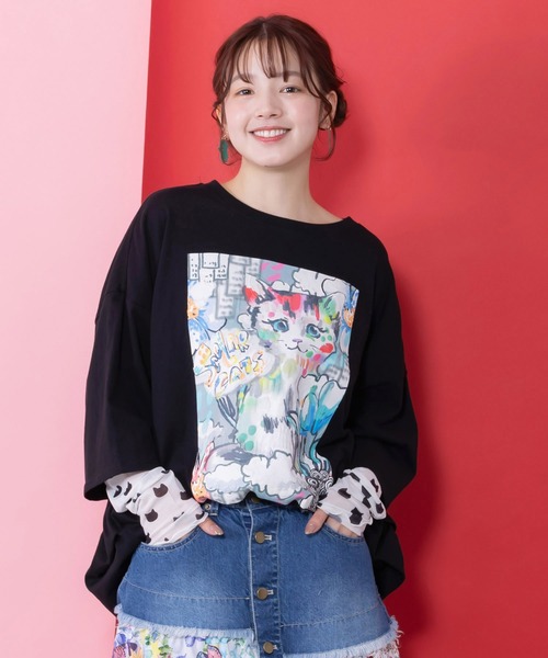 まとめ売り ScoLar スカラー ネコ×スカラーロゴTシャツ チュニック ScoLar（スカラー） tシャツ 花ネコピクニック柄配色Tシャツ