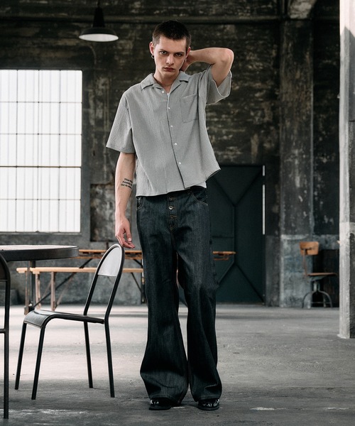Regen Glanz シャツ crinkle textured relaxed open collar shirt