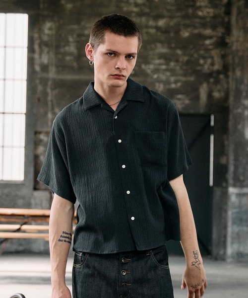 70sケニントン オープンカラーシャツ レーヨン混 希少オールブラック Regen Glanz シャツ crinkle textured relaxed open collar shirt
